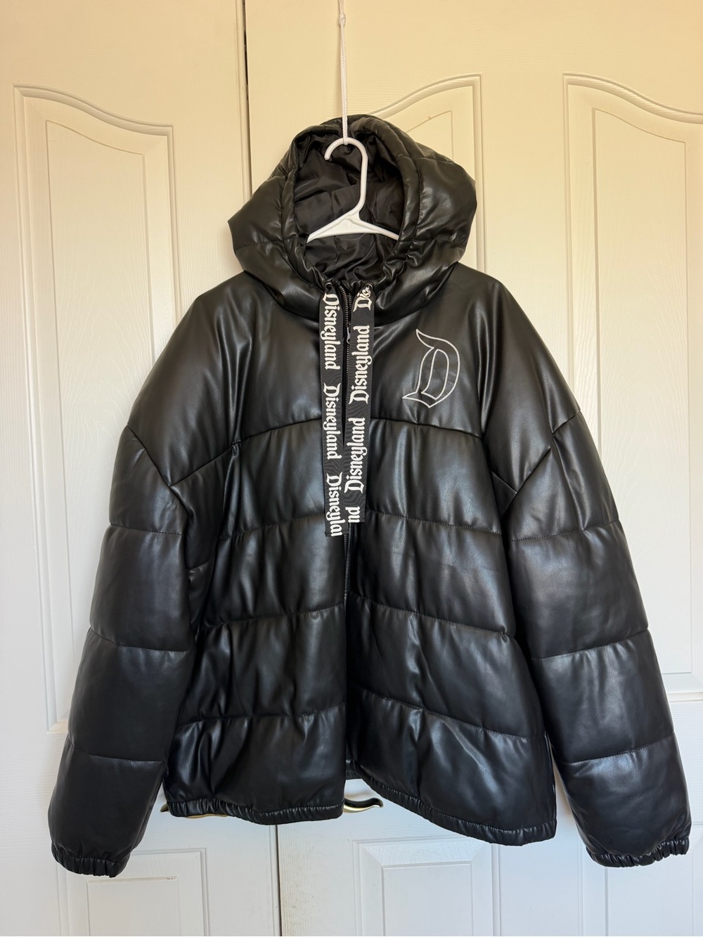 Disney Black Faux Leather Puffer Jacket with Hood